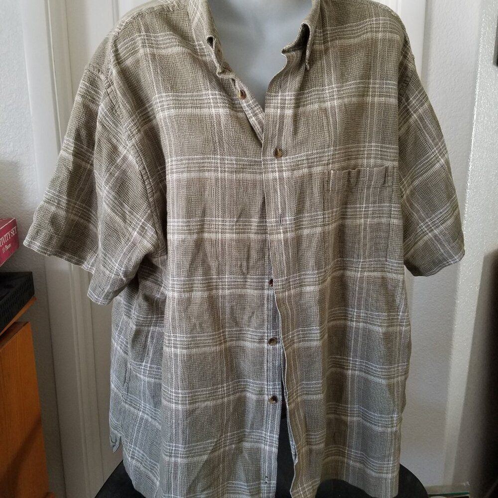 Roundtree & Yorke Men's Casual Button Down Shirt Brown Cream Plaid Size XL